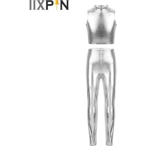 Kids Girls Jazz Dance Cosutme Skinny Metallic Cosutme Tank Tops with Leggings Pants Cheerleader Ballet Dance Stage Performance