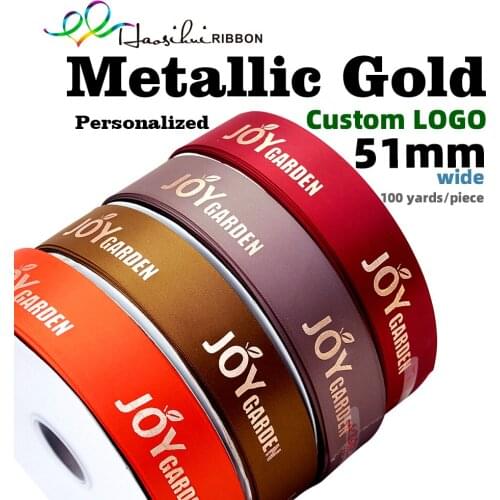 HAOSIHUI 51mm Free Shipping Custom Satin Polyester Embossed Gold Foil Printed Ribbon with Logo 100 yard/lot