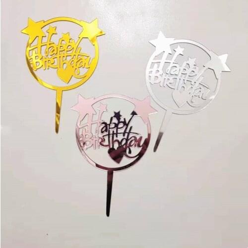 INS Round Stars Happy Birthday Cake Topper Rose gold acrylic Boy and Girl Cake Toppers For Baby Shower Birthday Cake Decorations