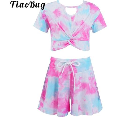Girls 2pcs Dance Outfit Tie Dye Print Active Top&Skirts Set for Lyrical Dancing Ballet Class Performance Gymnastics Sports