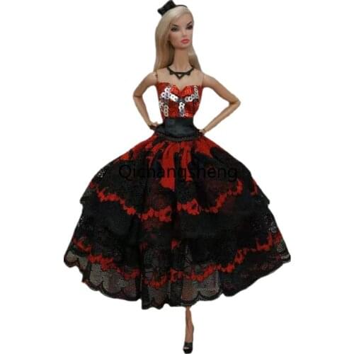 Red Black Sequin Lace 1/6 BJD Doll Dress For Barbie Clothes Off Shoulder Outfits Princess Gown Vestido 11.5" Dollhouse Accessory
