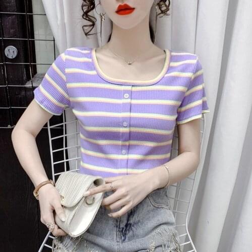 Summer 2021 Cotton T Shirt Women Short Sleeve Plus Size Casual Tees Rainbow Striped Sexy Crop Tops Slim Female T-shirt Harajuku
