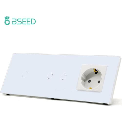 BSEED EU Standard 1Gang 2Gang 1Way Wall Touch Sensor Switch With EU Wall Socket Black White Golden Glass Panel Led Light Switch