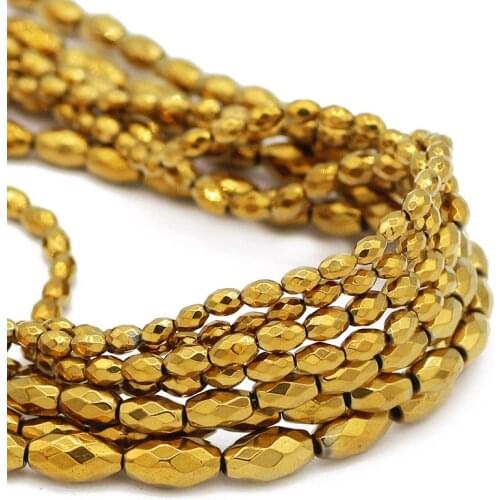 Natural Hematite Stone Gold Faceted Rice Grains Shape Spacer 3/4/5/6MM Oval Loose Beads For Jewelry Making DIY Bracelet Findings