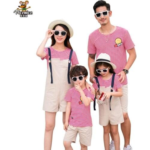 Family Matching Outfits Striped Mother Daughter T-shirt And Overalls Set Father And Son T-shirt Pants Set Family Clothing Sets