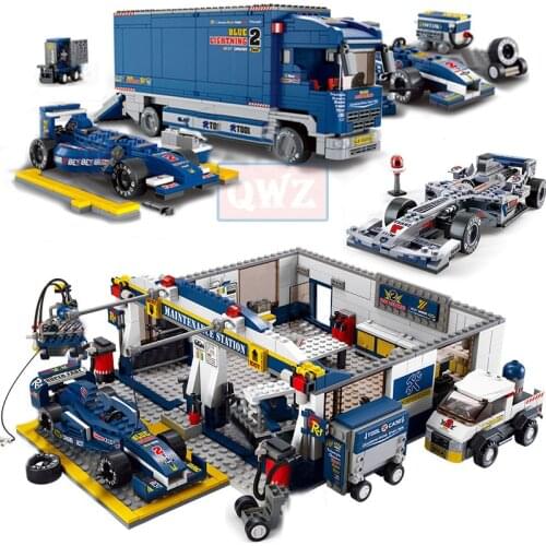 QWZ City Formulaed 1 F1 Speed Car Racing Repair Station Truck Building Block Figure Kid High-Tech Car Bricks Toy Children Gifts