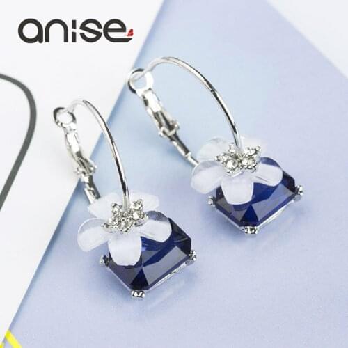 Luxury Blue Crystal White Sakura Flower Hoop Earrings for Women Fashion Charm Big Round Circle Earring Wedding Brinco Jewelry