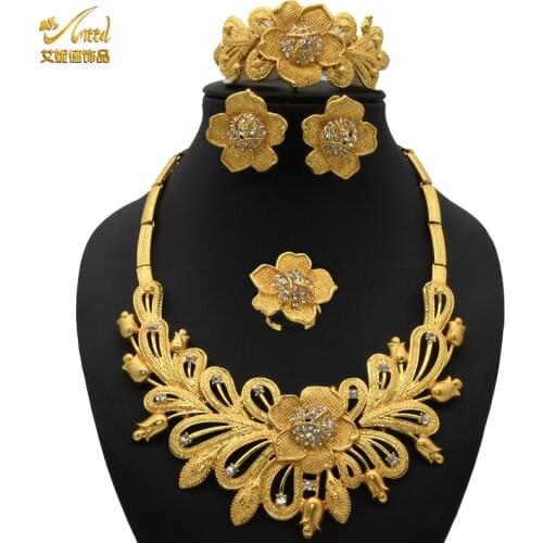 Bridal Necklace Sets Earrings For Women Indian Jewelery Set Gold Rings African Bracelet 4pcs ccessories Wedding Bridesmaid Gift