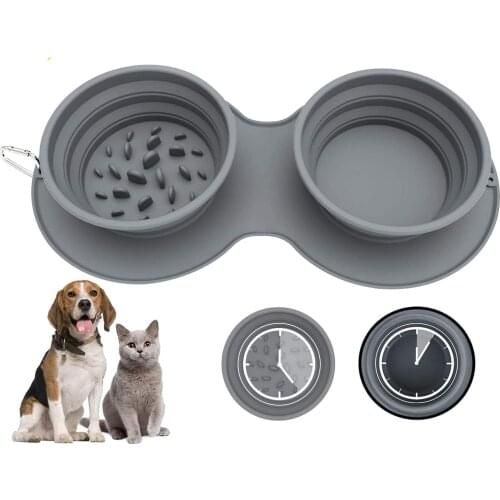 Collapsible Pet Bowl Portable Slow Feeder Dog Bowl Foldable Silicone Cat Food Water Bowl Double Mat Outdoor Travel Pet Supplies