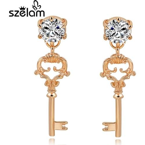 Szelam Retro Long Key Pendant Women Gold Earring Drops 2019 Gift Female Austrian Crystal Beautiful Jewelry Brinco Ser160016