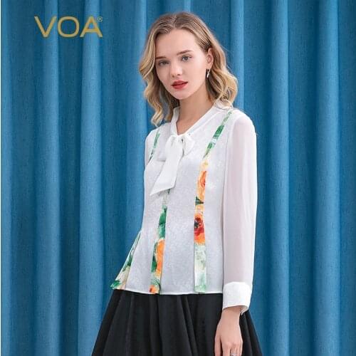 VOA Silk Bright-coloured Print White Jacquard Mujer Camisetas Streamer Design Elegant Versatile Fashion Womens T-shirts BE130
