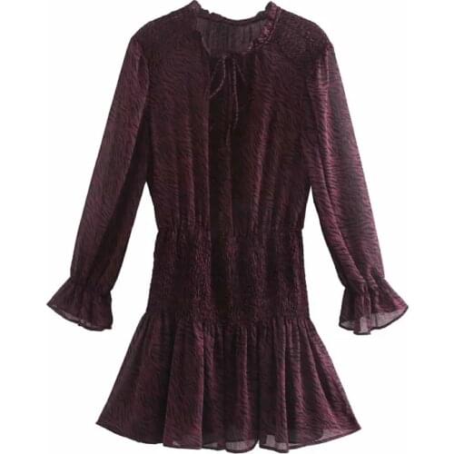 XNWMNZ Za women Vintage animal print mini dress female casual ruffled round neckline tie V-neckline long sleeve Lining Dresses