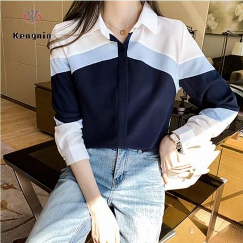New 2021 Spring Womens Shirts Patchwork Color Ladies Elegant Blouse Long Sleeve Chiffon Office Lady Tops Female Clothing KN79