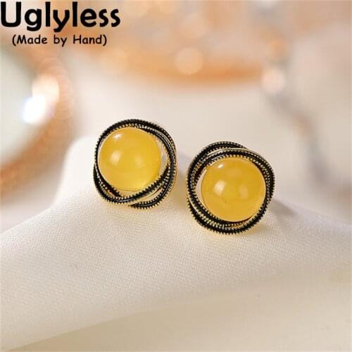 Uglyless Real Thai Silver Twists Studs Earrings for Women Nature Amber Beeswax Earrings 925 Silver Brincos Fashion Dress Jewelry
