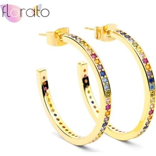 925 Sterling Silver Ear Needle Big C Stud Earrings for Women Rainbow Crystal Earrings Romantic Boho Girls Wedding Party Jewelry