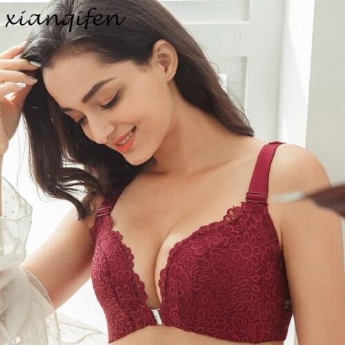 Xianqifen Beauty back Front Closure gather Deep V womens underwear Lace Bra Sexy Lingerie Push Up Bras For Women BCD plus size
