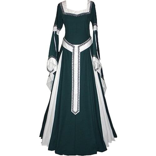 Retro Medieval Dress Cosplay Costume Square Collar Sleeve Long Dress With Belt For Woman Halloween Long Dresses Party Dresses
