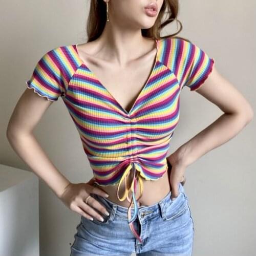 BRADELY MICHELLE Original Design Girls New Short Shirt Knitted Solid Colour Skinny Rainbow Stripes V-neck Short Tops Drawstring
