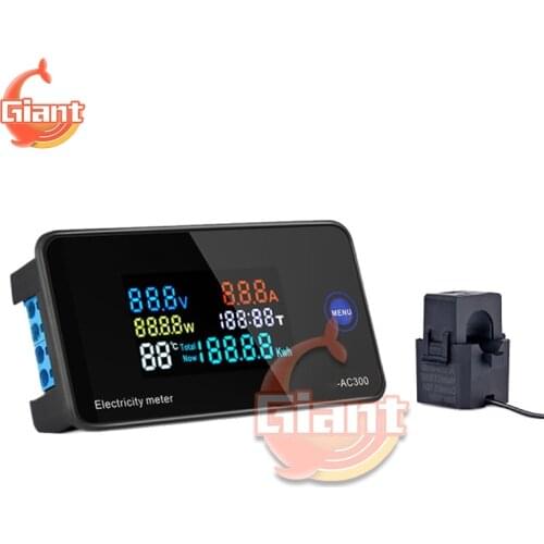 Large Color LCD Screen AC Voltage Current Power Temperature Digital Meter Tester AC50-300V 100A 10A Digital Voltmeter with CT