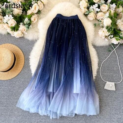 2021 New Bling Bling Fairy Starry Metallic A-line Long Tulle Skirts Gradient Color Lush Puff Maxi Lpng Mesh Skirts
