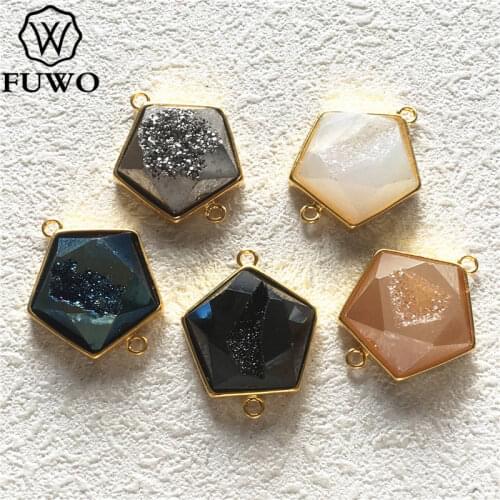 FUWO Fashion Aura Druzy Pentagon Connector Faceted Druzy Pendant With Gold Bezel Trimmed For Jewelry Making PD247
