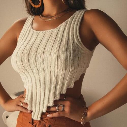 Giyu Fashion Sexy Knitted White Tank Tops Chic Women Summer Sleeveless Slim Solid High Street Crop Top Female Asymmetrical Camis
