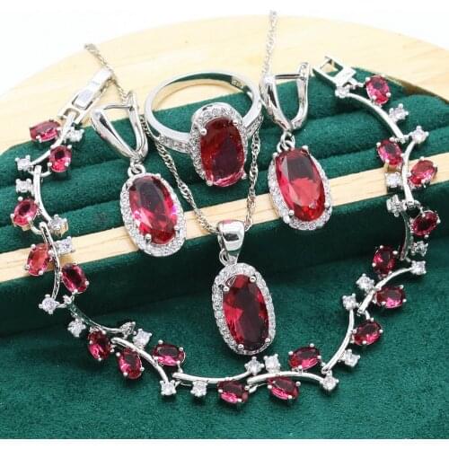 Red Ruby 925 Silver Jewelry Sets For Women Wedding Party Bracelet Earrings Necklace pendant Ring Gift Box