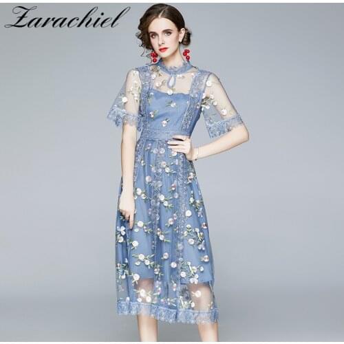 French Summer Floral Embroidered Blue Tulle Mesh Lace Dress Flare Short Sleeve Embroidery Flower Sweet Elegant Midi Vestido