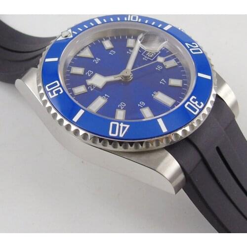 Fashion Luxury Blue Sterile Mens Watch Sapphire Glass 40mm Wristwatch Auto Date Automatic Movement Blue Bezel