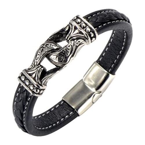 Genuine Leather Wristband Stainless Steel Vintage Mens Bracelet Biker Jewelry 8.5