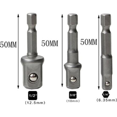 3pcs/lot 50mm Chrome Vanadium Steel Socket Adapter Hex Shank to 1/4" 3/8" 1/2" Extension Drill Bits Bar Hex Bit Set Power Tools