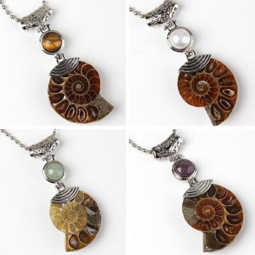 Natural Ammonite Seashell Fossils Snail Pendants Mix-Crystal Stone Ocean Conch Reliquiae Pendant for Women Men Necklace Gift 1PC