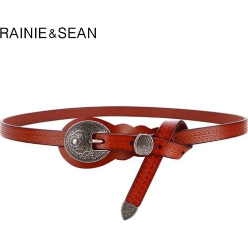 RAINIE SEAN Vintage Belts for Women Cowskin Waist Belt Real Leather Brown Rivet High Quality Brand Women Belt 105cm 110cm 115cm