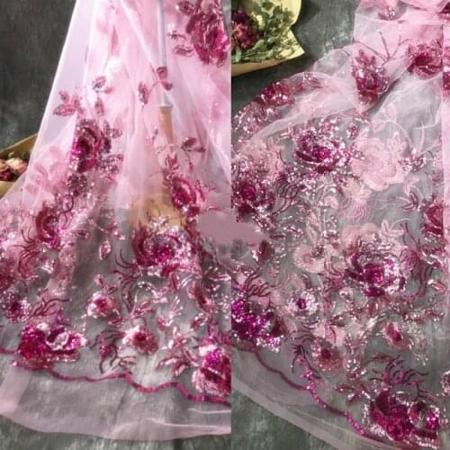 Pink sequins large flower mesh lace fabric for wedding dress high quality sequin lace fabric diy sewing materials 0.5X1.3M