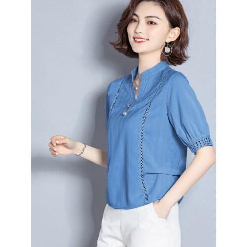 Chiffon Solid Women Blouse 2021 Summer New V-Neck Half Sleeved Loose Lantern Sleeved Office Lady Elegant Pulls Outwear Tops