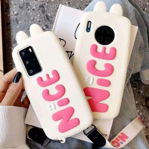 3D Cute Rabbit English Words Nice Case for Huawei P30 P40 Mate 30 40 Nova 7 Pro Nova 5 6 7se Bunny Hanging Rope Soft TPU Cover