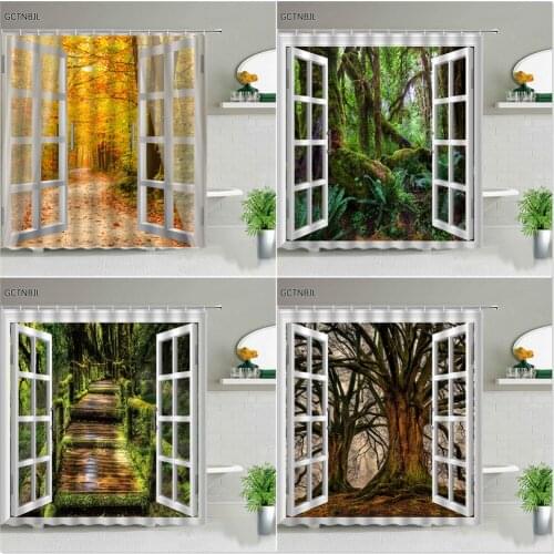 Autumn Forest Landscape Shower Curtains Trees Waterfall Tropical Jungle Natural Scenery Bathroom Decor Wal Hanging Bath Screen