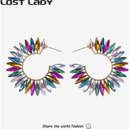 Lost Lady C Shape Small Hoop Earrings Fashion Colorful Rhinestone Earrings for Women New Statement Party Jewelry Wholesale