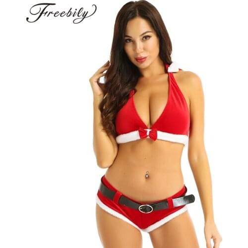 Women Sexy Christmas Lingerie Sets Santa Claus Red Babydoll Dress Hooded Crop Tops Shorts Belt Nightclub Party Erotic Underwear
