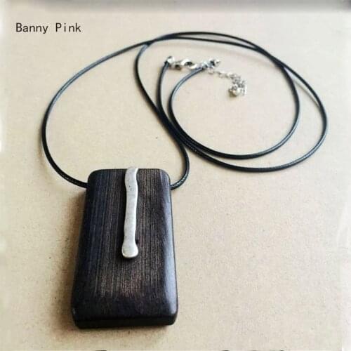 Ethnic Rectangle Sandalwood Pendant Necklace For Women Vintage Wooden Pendant Long Rope Chain Necklace Fashion Jewelry Colliers