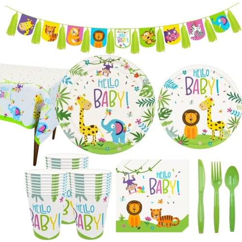 102pcs/lot Safari Party Paper Cup Napkin Disposable Tableware Baby Shower Animal Birthday Party Supplies kid Boy Decoration