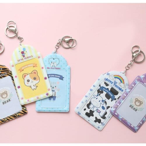 2 Pockets Cartoon Photo Holder with Key Chain 3 Inch 6.35 x 9cm PVC Album photo Holder for Mini Photo Sticker & Name Card