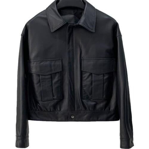 2021 Autumn New Leather Leather Clothes Womens Short Pocket Leather Jacket Sheep Skin Locomotive Leisure Thin Coat