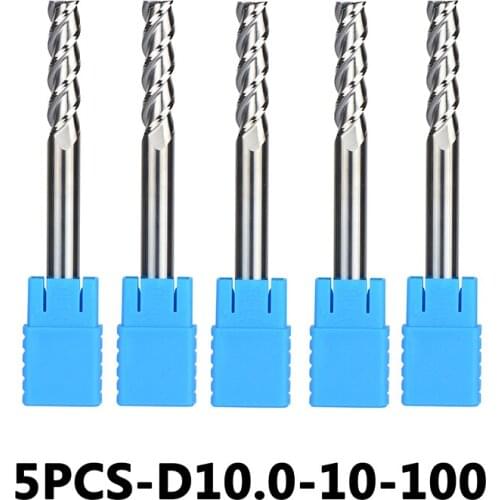 5pcs/lotD10-10-100 Tungsten Steel End Mills 3-Flute Flattened Head Milling Cutters Carbide End mills HRC45 Suitable for Aluminum
