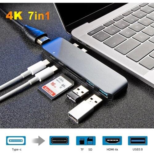 7 in 1 Dual Type-C Port USB C Hub To HDMI Multiport Adapter 4K Thunderbolt 3 With TF SD Slot PD for MacBook Pro 2018 USB Hub 3.0