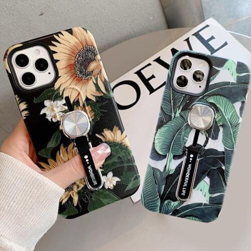 Car Bracket Magnetic Adsorption Daisy Flower Case for iPhone 12 Mini 11 Pro XS Max XR Leaves Hide Loop Ring Stand Holder Cover