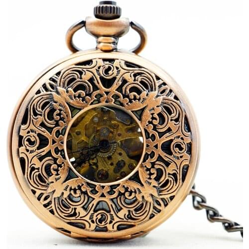 Delicate Red Bronze Stainless-steel Unisex Baroque Women Automatic Mechanical Pocket Watch Hollowed Chain Luxury Fob Watches
