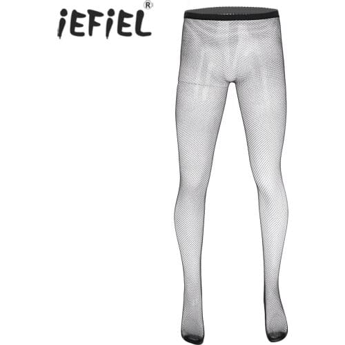 Men Exotic Hosiery Hollow Out Fishnet Stockings See Through Sheer Elastic Waist Closed Toes Tight Leggings Stretchy Pantyhose