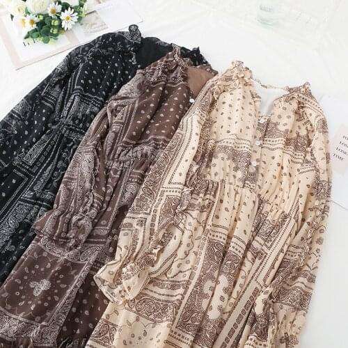 Elegant Long Sleeve Women Dresses 2020 Autumn Winter Casual V Neck Chiffon A LIne Dress Vintage Single-breasted Party Vestidos