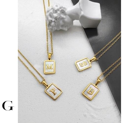 GHIDBK Street Style Stainless Steel Natural Square Shell A-Z Alphabets Initials Pendant Chokers Necklaces Women Charming Jewelry